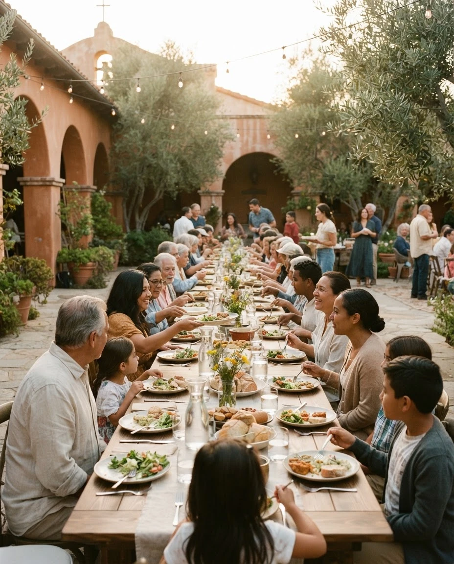 Community members gathered around an outdoor table.